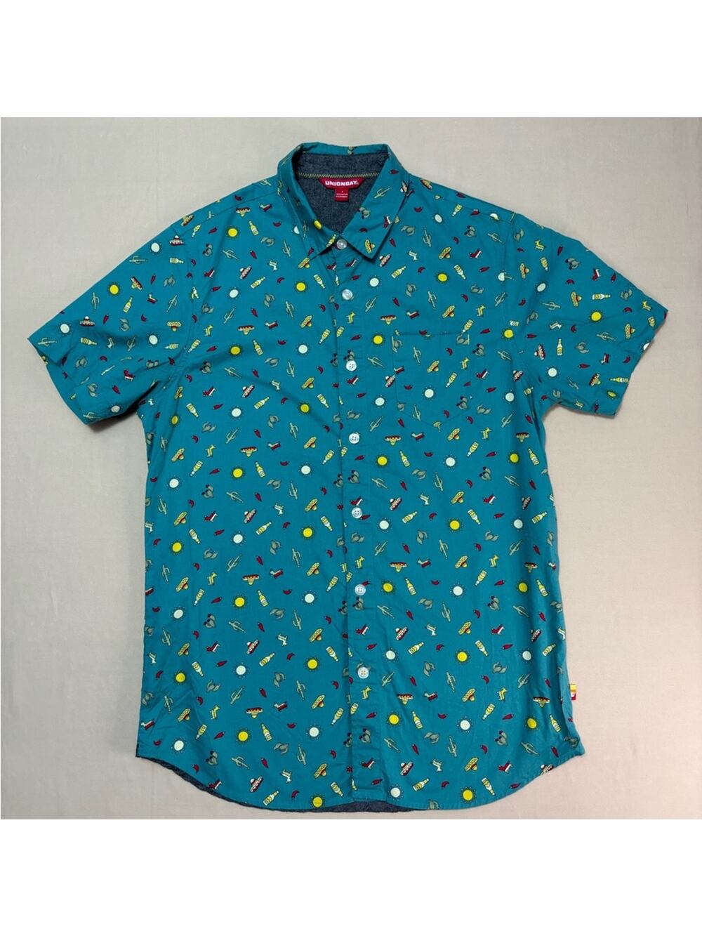 Union Bay Men's Casual Teal Short-Sleeve Mexican Fiesta Printed Shirt Size Small